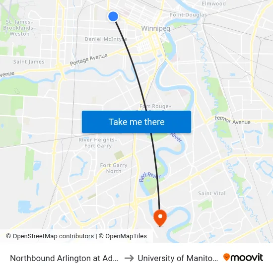 Northbound Arlington at Adele to University of Manitoba map