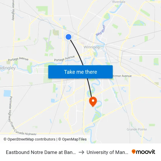 Eastbound Notre Dame at Bannatyne to University of Manitoba map