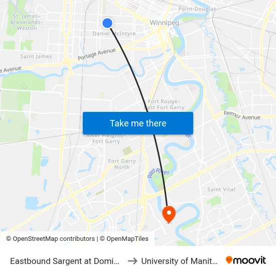 Eastbound Sargent at Dominion to University of Manitoba map