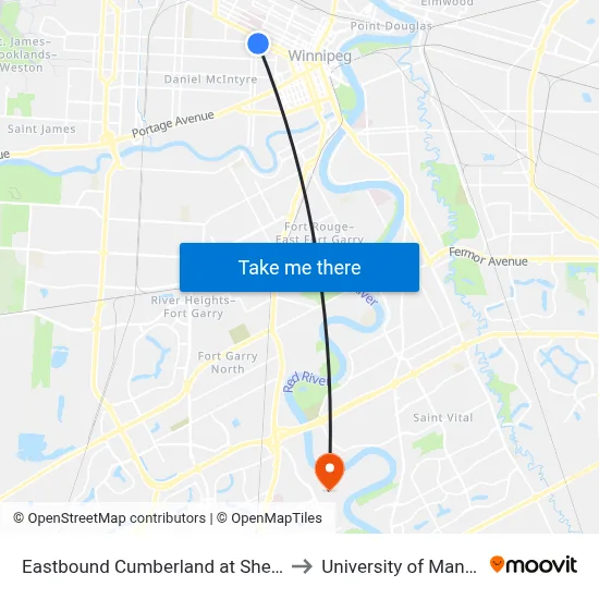 Eastbound Cumberland at Sherbrook to University of Manitoba map