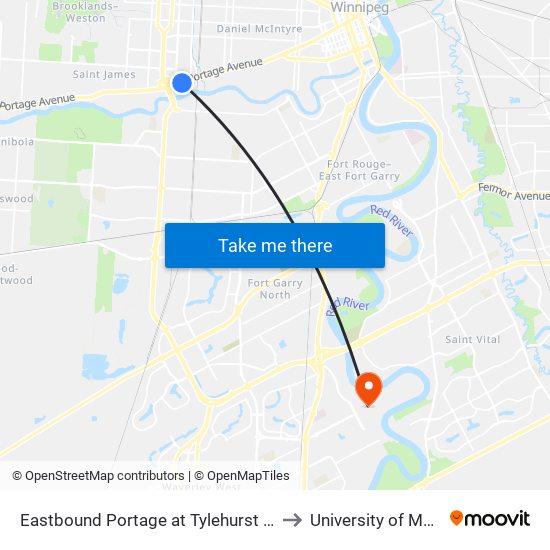 Eastbound Portage at Tylehurst (Polo Park) to University of Manitoba map