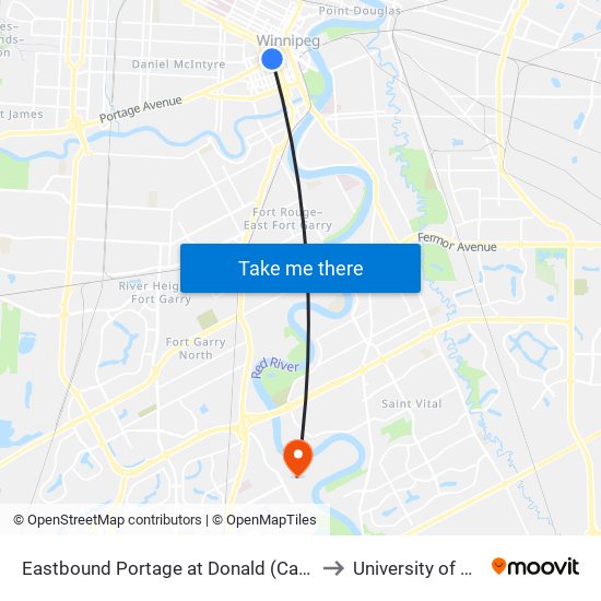 Eastbound Portage at Donald (Canada Life Centre) to University of Manitoba map