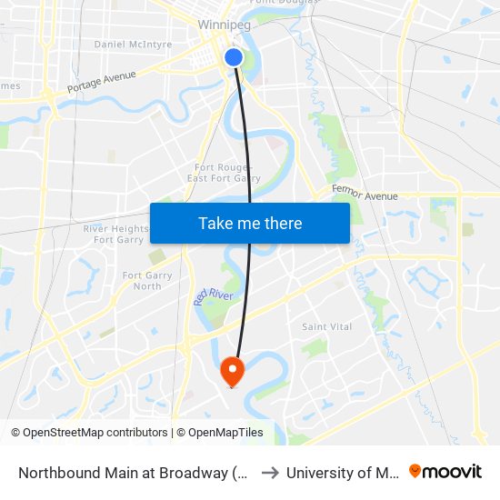 Northbound Main at Broadway (Union Station) to University of Manitoba map