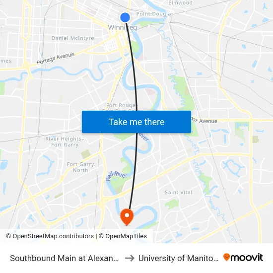 Southbound Main at Alexander to University of Manitoba map