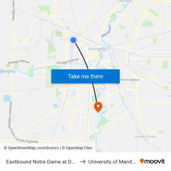 Eastbound Notre Dame at Dublin to University of Manitoba map