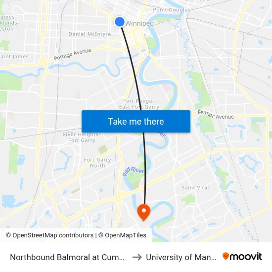 Northbound Balmoral at Cumberland to University of Manitoba map