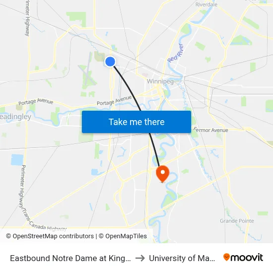 Eastbound Notre Dame at King Edward to University of Manitoba map