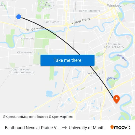 Eastbound Ness at Prairie View to University of Manitoba map