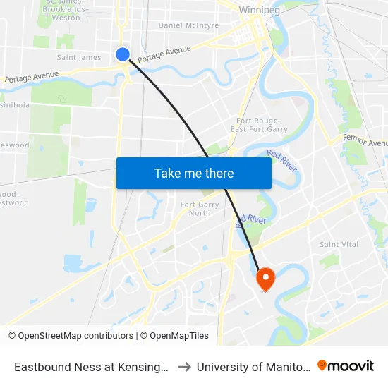 Eastbound Ness at Kensington to University of Manitoba map