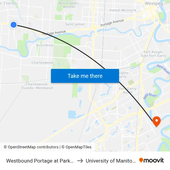 Westbound Portage at Parkhill to University of Manitoba map
