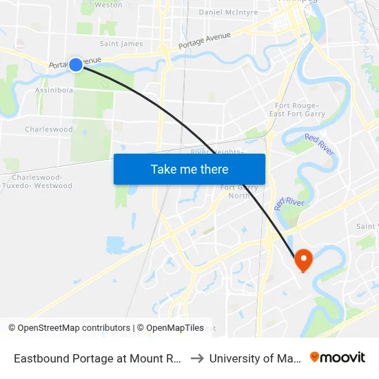 Eastbound Portage at Mount Royal West to University of Manitoba map
