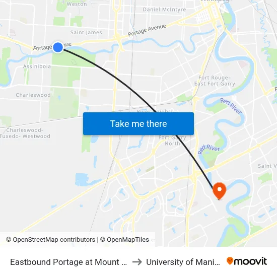 Eastbound Portage at Mount Royal to University of Manitoba map