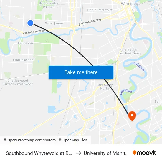 Southbound Whytewold at Bruce to University of Manitoba map