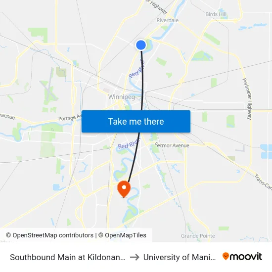 Southbound Main at Kildonan Park to University of Manitoba map