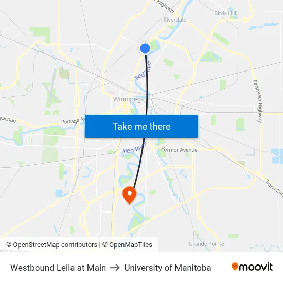 Westbound Leila at Main to University of Manitoba map
