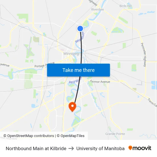 Northbound Main at Kilbride to University of Manitoba map