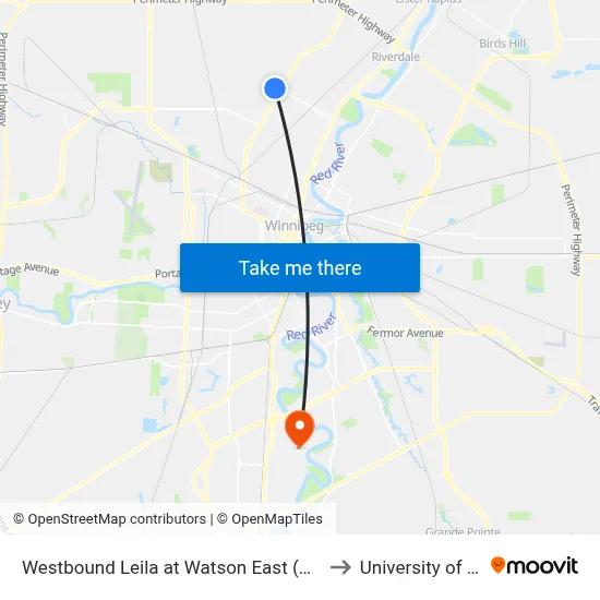 Westbound Leila at Watson East (Seven Oaks Hospital) to University of Manitoba map