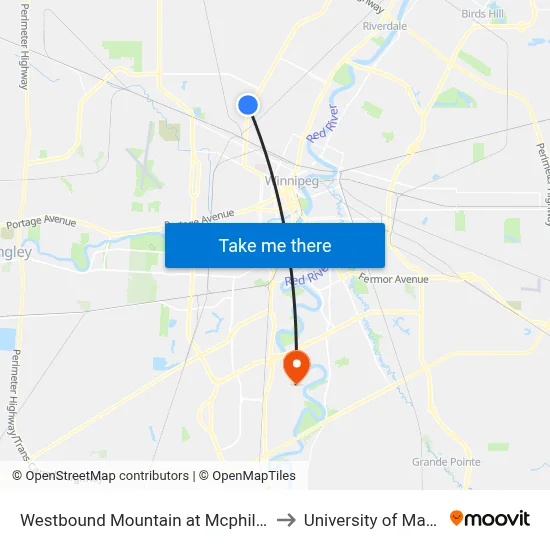 Westbound Mountain at Mcphillips West to University of Manitoba map