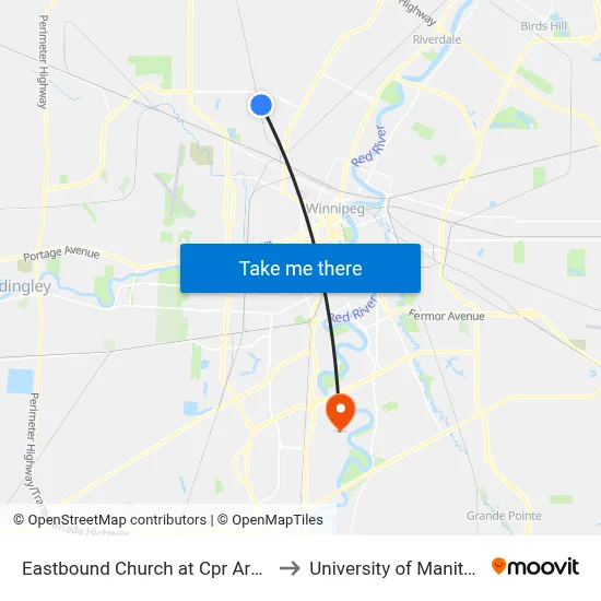 Eastbound Church at Cpr Arborg to University of Manitoba map