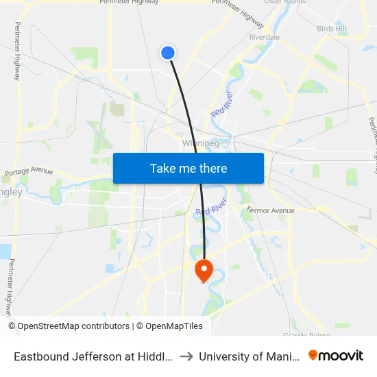 Eastbound Jefferson at Hiddleston to University of Manitoba map
