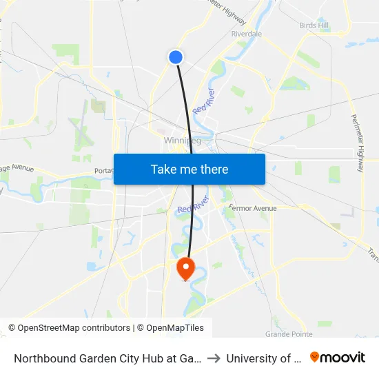 Northbound Garden City Hub at Garden City Hub (332) to University of Manitoba map