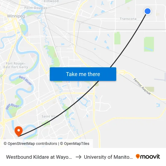 Westbound Kildare at Wayoata to University of Manitoba map