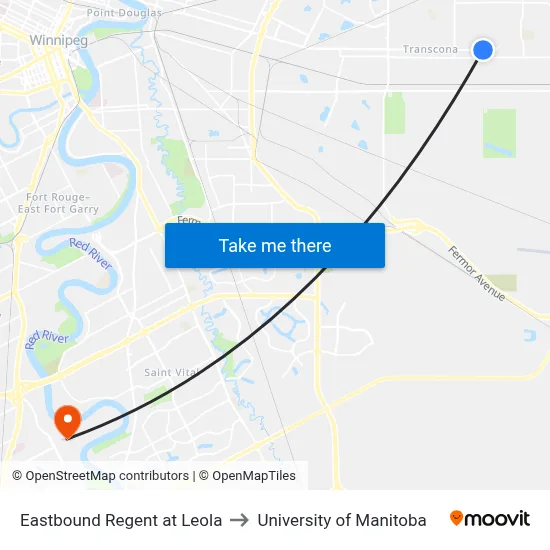 Eastbound Regent at Leola to University of Manitoba map