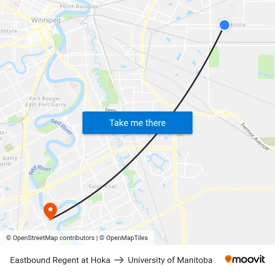 Eastbound Regent at Hoka to University of Manitoba map