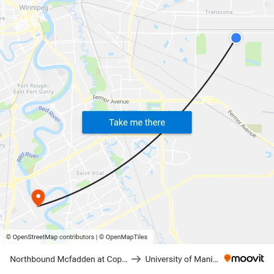 Northbound Mcfadden at Copeland to University of Manitoba map