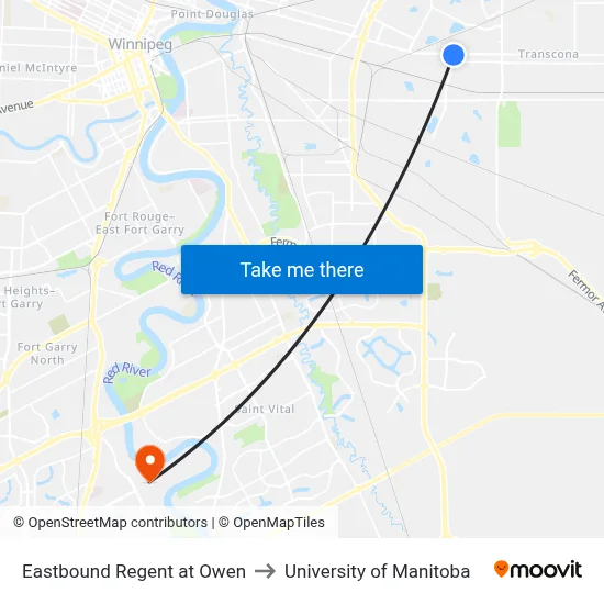 Eastbound Regent at Owen to University of Manitoba map