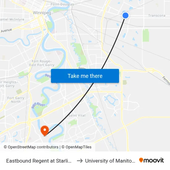 Eastbound Regent at Starlight to University of Manitoba map