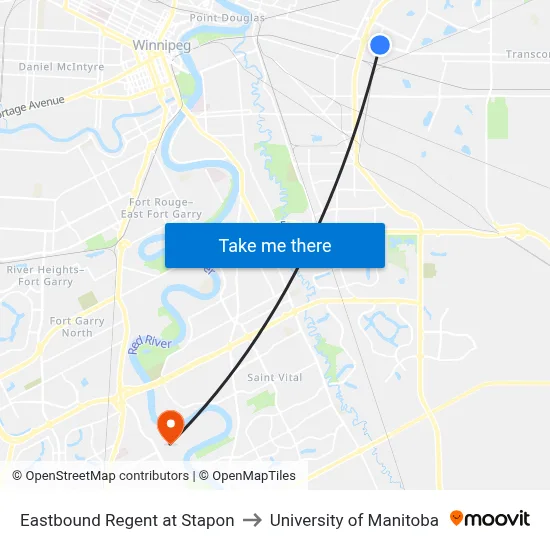 Eastbound Regent at Stapon to University of Manitoba map