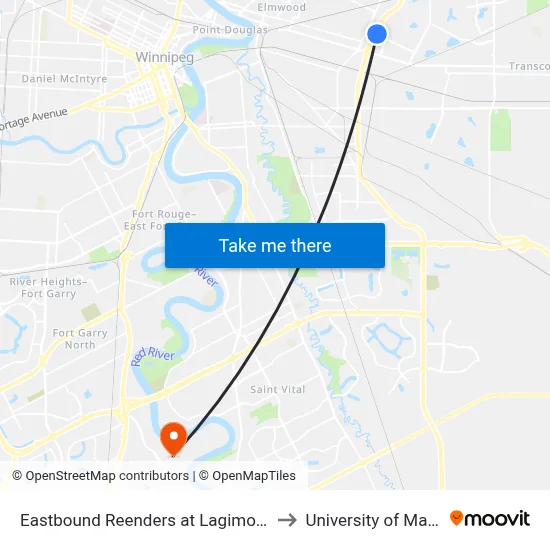 Eastbound Reenders at Lagimodiere East to University of Manitoba map