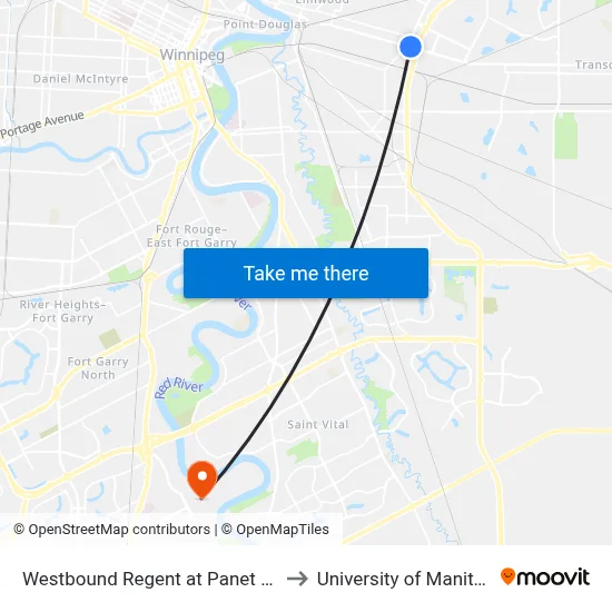 Westbound Regent at Panet East to University of Manitoba map
