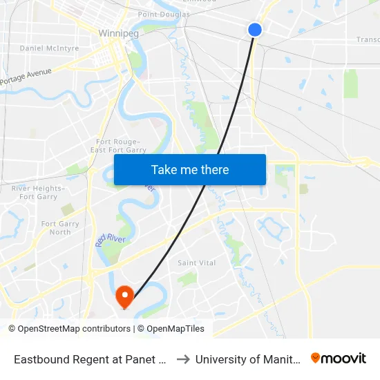 Eastbound Regent at Panet East to University of Manitoba map