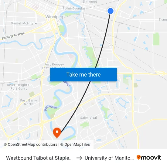 Westbound Talbot at Stapleton to University of Manitoba map