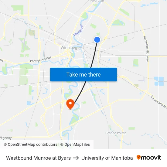 Westbound Munroe at Byars to University of Manitoba map