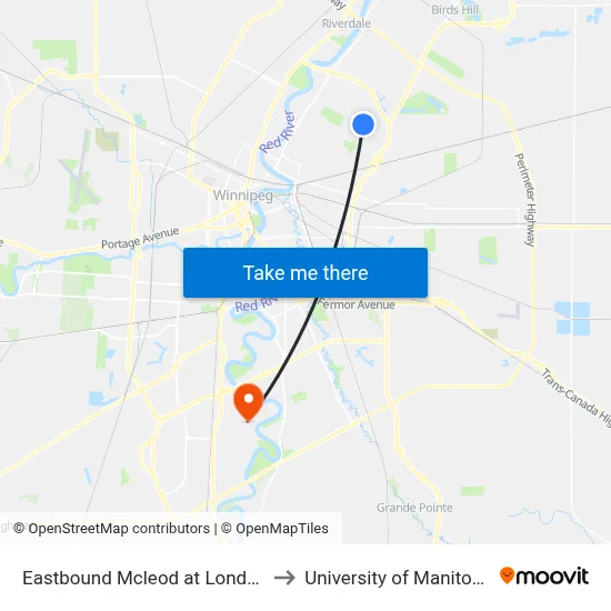 Eastbound Mcleod at London to University of Manitoba map