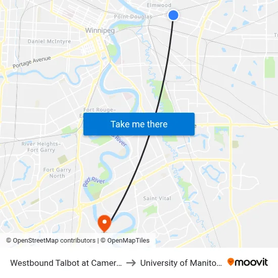 Westbound Talbot at Cameron to University of Manitoba map