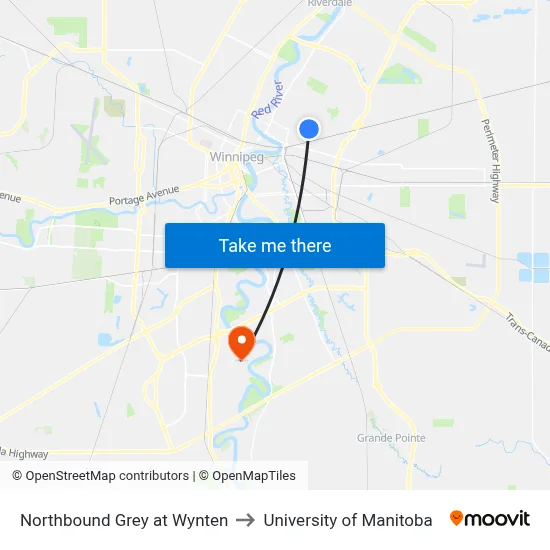 Northbound Grey at Wynten to University of Manitoba map