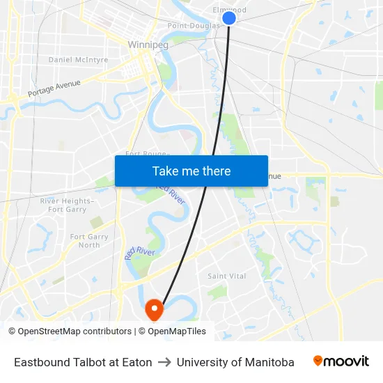 Eastbound Talbot at Eaton to University of Manitoba map