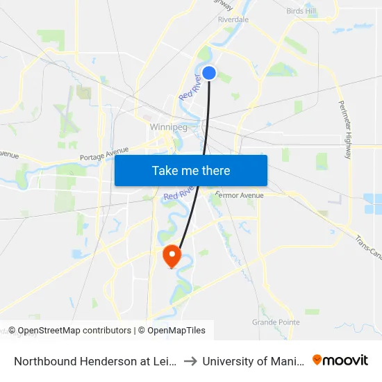 Northbound Henderson at Leighton to University of Manitoba map