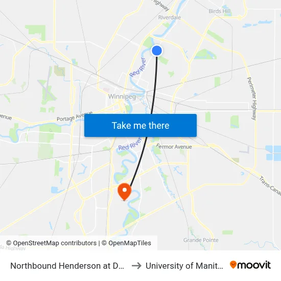 Northbound Henderson at Devon to University of Manitoba map