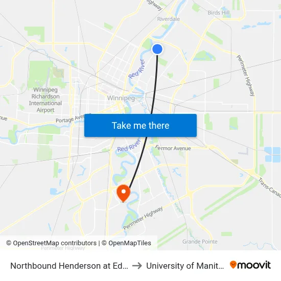 Northbound Henderson at Edison to University of Manitoba map