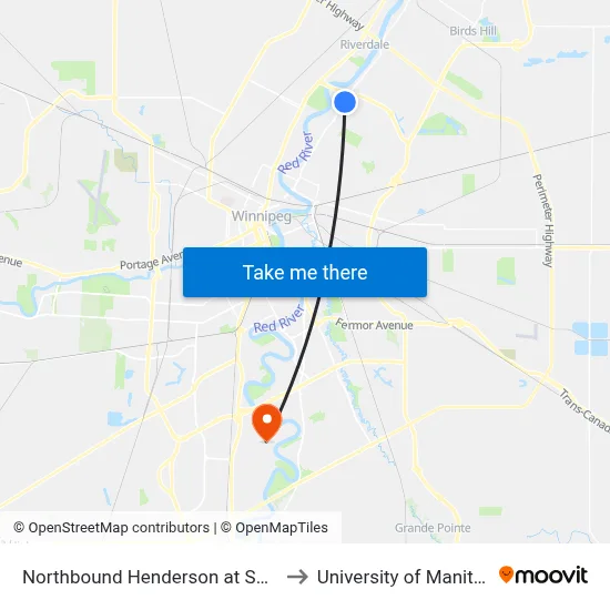 Northbound Henderson at Sutton to University of Manitoba map