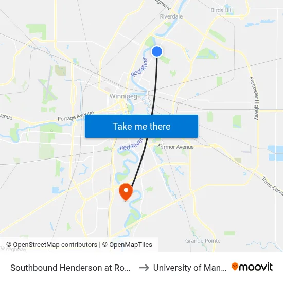 Southbound Henderson at Rowandale to University of Manitoba map