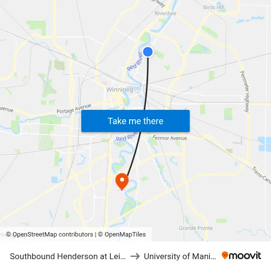 Southbound Henderson at Leighton to University of Manitoba map