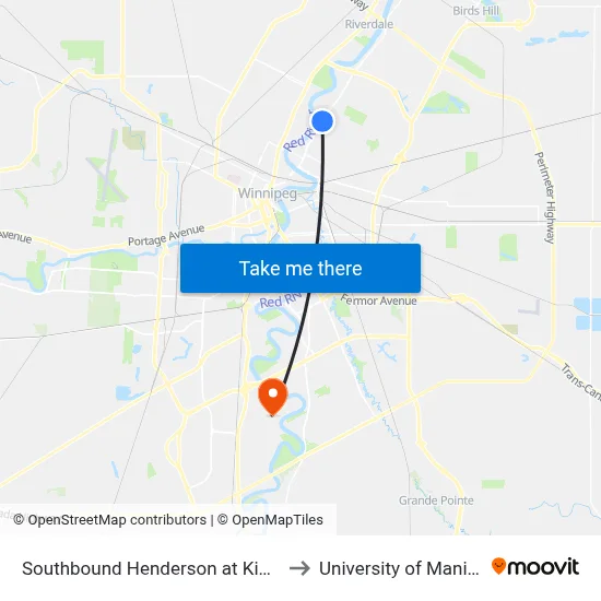 Southbound Henderson at Kimberly to University of Manitoba map
