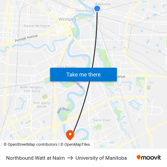 Northbound Watt at Nairn to University of Manitoba map