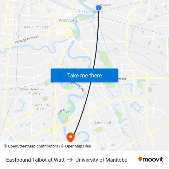 Eastbound Talbot at Watt to University of Manitoba map